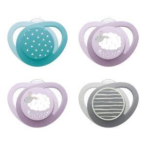 imageNUK GlowinTheDark Orthodontic Pacifier with HeartShaped Shield BPAFree fits 618 Months 4PackSheep