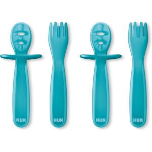 imageNUK Pretensil Dipper Spoon ampamp Fork Set Baby ampamp Toddler SelfFeeding Utensils EasyGrip MessReducing Design 4 PackBlue